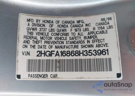 2008 Honda Civic Ex z USA, uszkodzony, nr VIN 2HGFA16868H353961